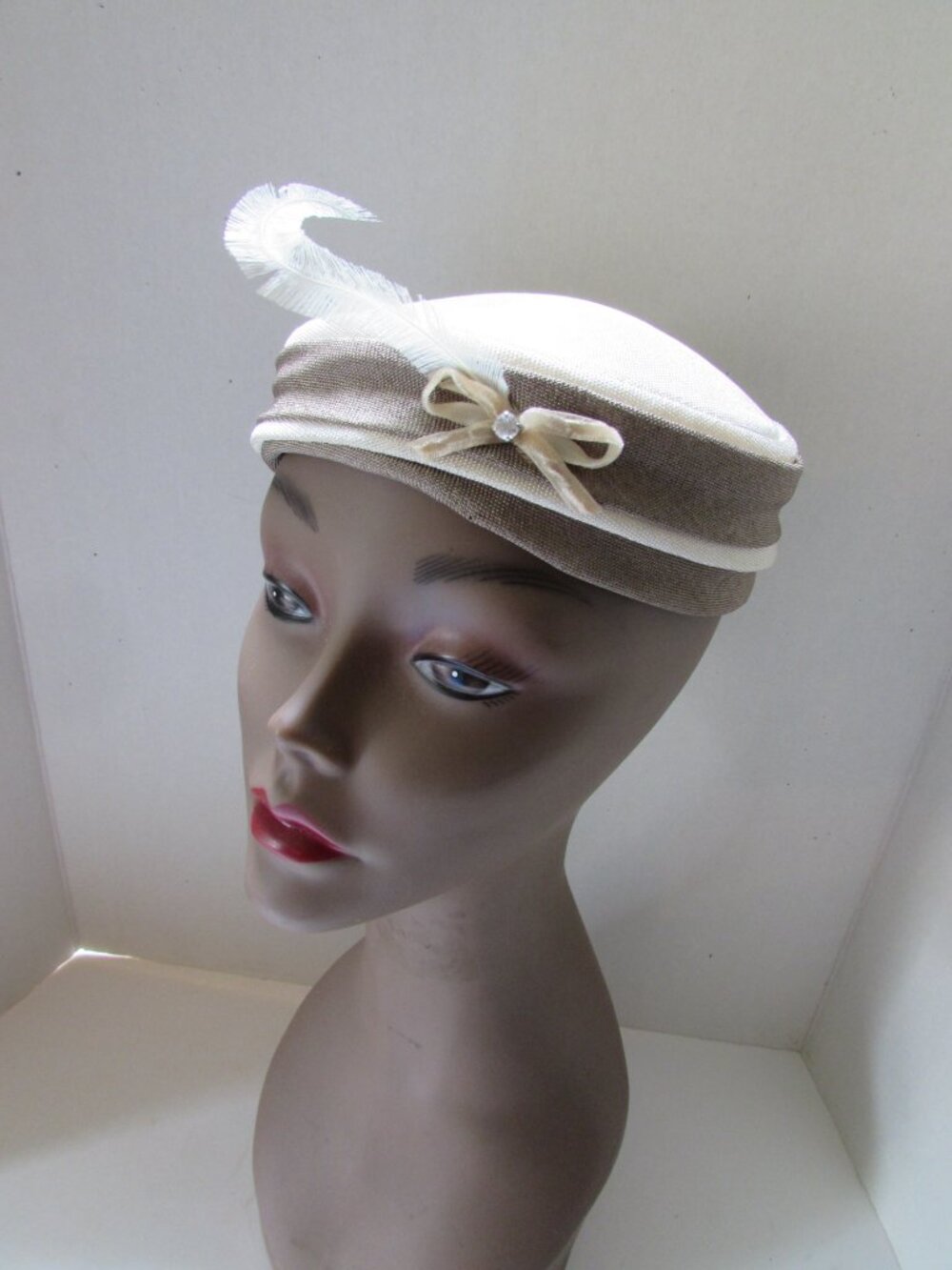 Vintage Pill Box Hat Cream Color Sage Pleated Band